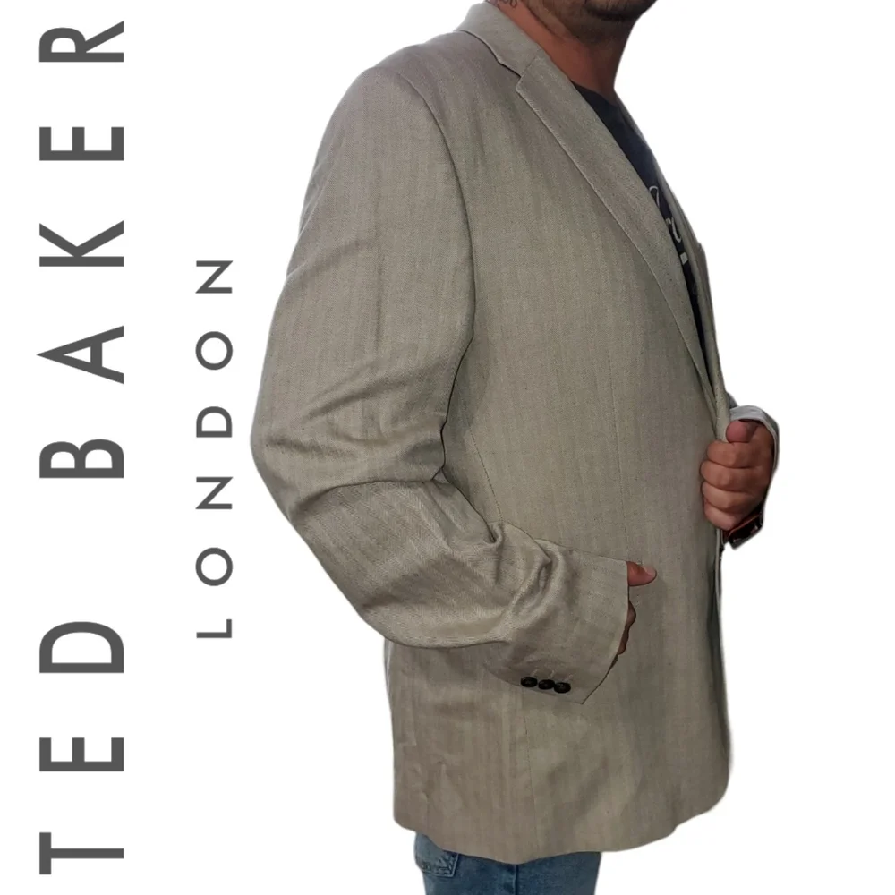 Ted Baker London Wool Jacket Luxury Blazer Natural Herringbone Linen Size 7 3XL